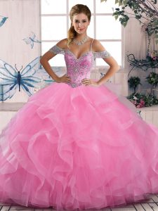 Exceptional Floor Length Rose Pink Sweet 16 Quinceanera Dress Off The Shoulder Sleeveless Lace Up