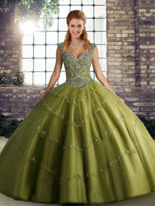Floor Length Lace Up Ball Gown Prom Dress Olive Green for Military Ball and Sweet 16 and Quinceanera with Beading and Appliques