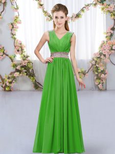 Green Empire Chiffon V-neck Sleeveless Beading and Belt Floor Length Lace Up Damas Dress