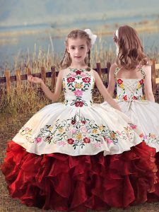 Top Selling Floor Length Lace Up Pageant Gowns For Girls White And Red for Wedding Party with Embroidery and Ruffles