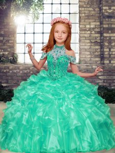 Classical Apple Green Sleeveless Floor Length Beading and Ruffles Lace Up Child Pageant Dress