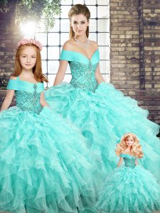 Aqua Blue Organza Lace Up Quinceanera Gowns Sleeveless Brush Train Beading and Ruffles