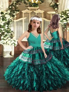 Turquoise V-neck Zipper Appliques and Ruffles Pageant Dress for Teens Sleeveless