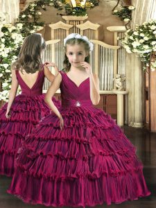 Hot Selling Fuchsia Ball Gowns V-neck Sleeveless Beading and Ruffled Layers Floor Length Backless Kids Pageant Dress