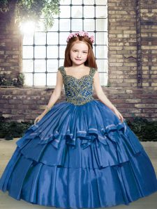 Modern Straps Sleeveless Little Girls Pageant Dress Floor Length Beading Blue Taffeta