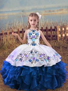 Blue Lace Up Little Girls Pageant Gowns Embroidery and Ruffles Sleeveless Floor Length