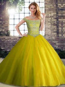 Low Price Yellow Green Lace Up Quince Ball Gowns Beading Sleeveless Brush Train