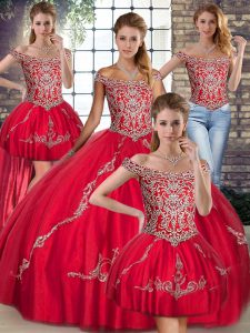 Floor Length Ball Gowns Sleeveless Red Quinceanera Gowns Lace Up