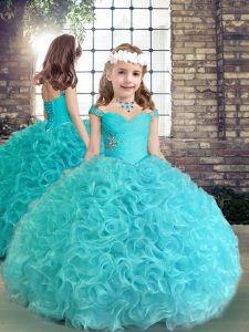High Quality Fabric With Rolling Flowers Straps Sleeveless Lace Up Beading and Ruching Little Girls Pageant Gowns in Aqua Blue