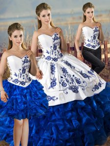 Glamorous Blue And White Sweetheart Lace Up Embroidery and Ruffles 15 Quinceanera Dress Sleeveless