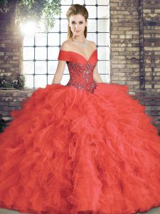 Off The Shoulder Sleeveless Tulle Quinceanera Dresses Beading and Ruffles Lace Up