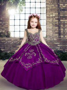 Most Popular Floor Length Ball Gowns Sleeveless Eggplant Purple and Purple Little Girl Pageant Dress Lace Up