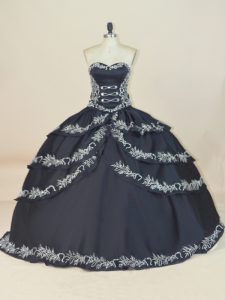 Designer Sleeveless Floor Length Embroidery Lace Up 15 Quinceanera Dress with Black