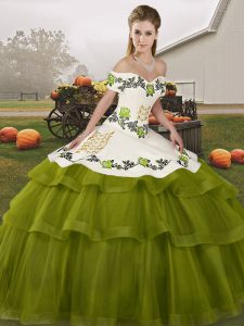 Admirable Olive Green Lace Up Off The Shoulder Embroidery and Ruffled Layers Quince Ball Gowns Tulle Sleeveless Brush Train