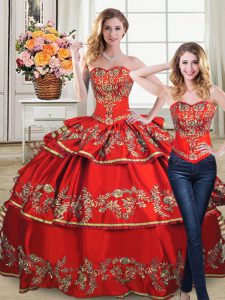 Best Red Lace Up Sweetheart Embroidery and Ruffled Layers Quinceanera Gown Satin and Organza Sleeveless