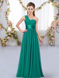 Custom Designed Peacock Green Empire Chiffon One Shoulder Sleeveless Belt Floor Length Lace Up Dama Dress