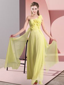 Yellow Empire One Shoulder Sleeveless Chiffon Floor Length Lace Up Hand Made Flower Vestidos de Damas