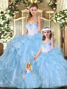 Blue Lace Up Sweetheart Beading and Ruffles Ball Gown Prom Dress Organza Sleeveless