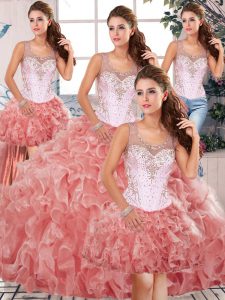 Flare Watermelon Red Clasp Handle Scoop Beading and Ruffles Sweet 16 Dresses Organza Sleeveless