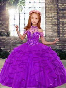 Graceful Floor Length Lace Up Pageant Gowns For Girls Purple for Party and Wedding Party with Beading and Ruffles