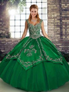 Custom Fit Green Ball Gown Prom Dress Military Ball and Sweet 16 and Quinceanera with Beading and Embroidery Straps Sleeveless Lace Up