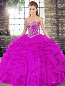 Excellent Fuchsia Sweetheart Lace Up Beading and Ruffles Quince Ball Gowns Sleeveless
