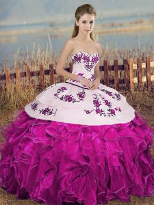 Glittering Fuchsia Sleeveless Floor Length Embroidery and Ruffles and Bowknot Lace Up 15 Quinceanera Dress