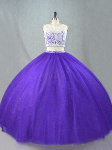 Floor Length Purple Vestidos de Quinceanera Tulle Sleeveless Appliques