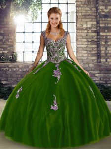 Olive Green Lace Up Straps Beading and Appliques 15 Quinceanera Dress Tulle Sleeveless