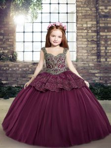 Purple Tulle Lace Up Little Girls Pageant Dress Wholesale Sleeveless Floor Length Beading and Appliques