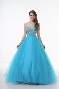 Trendy Baby Blue Sleeveless Floor Length Beading Lace Up Ball Gown Prom Dress