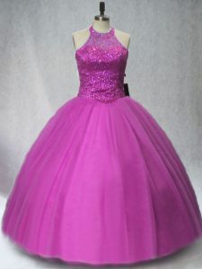 Lilac Tulle Lace Up Sweet 16 Quinceanera Dress Sleeveless Floor Length Beading