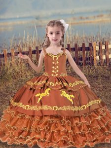 Beading and Embroidery and Ruffled Layers Little Girls Pageant Dress Wholesale Rust Red Lace Up Sleeveless Floor Length