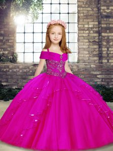 Best Fuchsia Ball Gowns Tulle Straps Sleeveless Beading Floor Length Lace Up Girls Pageant Dresses