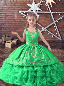 Straps Sleeveless Lace Up Little Girl Pageant Dress Green Satin and Organza
