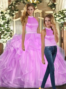 Amazing Floor Length Lilac Quinceanera Gown Organza Sleeveless Beading and Ruffles