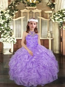 Lavender Lace Up Girls Pageant Dresses Beading and Ruffles Sleeveless Floor Length