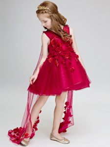 Wonderful Watteau Train Ball Gowns Little Girl Pageant Gowns Wine Red V-neck Tulle Sleeveless Lace Up