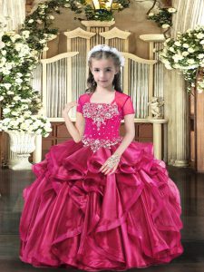 Eye-catching Hot Pink Organza Lace Up Child Pageant Dress Sleeveless Floor Length Beading