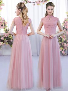 Glorious Cap Sleeves Floor Length Lace Zipper Court Dresses for Sweet 16 with Pink