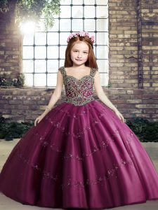 Fuchsia Lace Up Little Girls Pageant Dress Wholesale Beading Sleeveless Floor Length