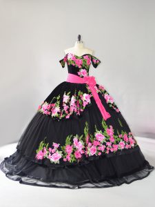 Tulle Off The Shoulder Sleeveless Brush Train Lace Up Embroidery Quince Ball Gowns in Black