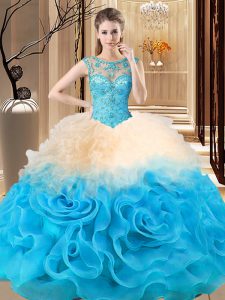 Custom Design Scoop Sleeveless Lace Up Sweet 16 Dress Multi-color Fabric With Rolling Flowers