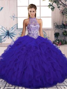 Purple Ball Gowns Beading and Ruffles 15th Birthday Dress Lace Up Tulle Sleeveless Floor Length