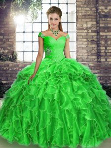 Customized Green Ball Gowns Organza Off The Shoulder Sleeveless Beading and Ruffles Lace Up Quinceanera Dress Brush Train