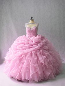 Flirting Sleeveless Beading and Ruffles Lace Up Sweet 16 Dress with Pink Brush Train