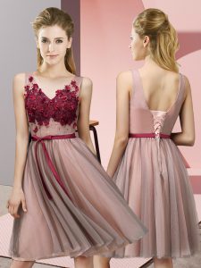 Baby Pink V-neck Neckline Appliques Court Dresses for Sweet 16 Sleeveless Lace Up