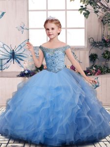 Beading and Ruffles Little Girls Pageant Gowns Blue Lace Up Sleeveless Floor Length