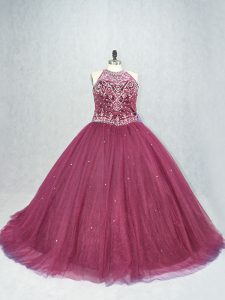 Luxury Sleeveless Brush Train Lace Up Beading Quinceanera Gown