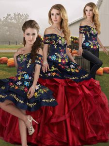 Red And Black Off The Shoulder Lace Up Embroidery and Ruffles 15th Birthday Dress Sleeveless
